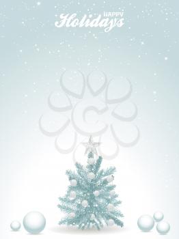 Happy Holidays Light Blue Background with Christmas Tree Spheres Snow and Text