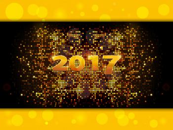 2017 New Year Sparkling Golden Mosaic Panel with Twenty Seventeen in Numbers Over Yellow Glowing Background
