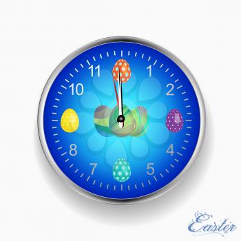 Blue and Metallic Wall Clock with Decorated Easter Eggs Over White with Floral Text