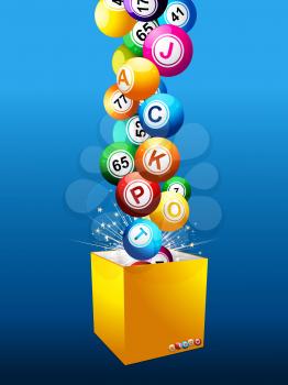 Bingo Balls with Numbers and Letters Composing the Word Jackpot Coming Out from a Yellow Box Over Blue Background