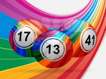 3D Illustration of Striped Bingo Lottery Balls Over Curved Rainbow