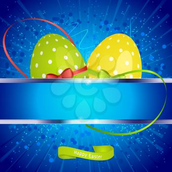 Festive Easter Blue Background with Eggs and Copy Space Banner