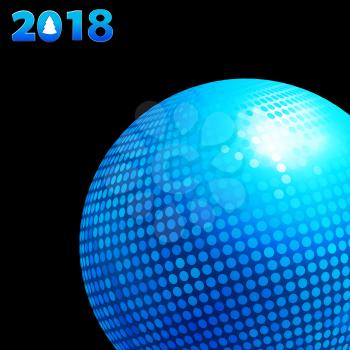 3D Illustration of Blue Disco Ball and 2018 Twenty Eighteenth in Blue Numbers with Tree Over Black Background