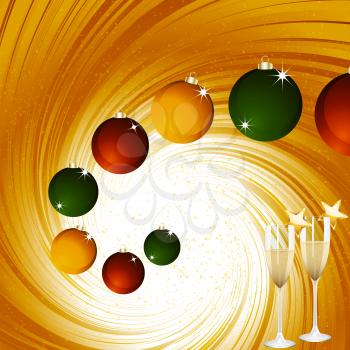 Golden Festive Vortex Background with Christmas Baubles and Champagne Glasses with Stars