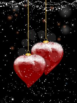 3D Illustration of Heart Shaped Christmas Baubles with Golden Chains and Snow Over Black Festive Decorated Background with Snowflakes and Stars