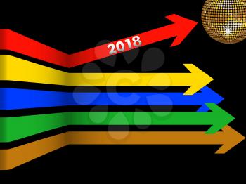 3D Illustration of Multicoloured Arrows with 2018 New Years Date and Golden Disco Ball Over Black Background