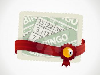 Paper Gift Card with Red Ribbon and Crest with Bingo Ball and Green Bingo Cards