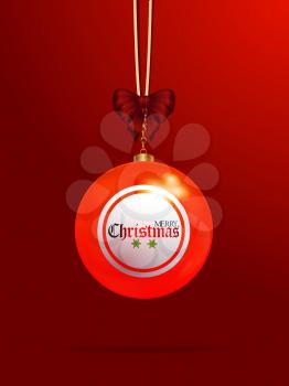 3D Illustration of Christmas Decorated Bingo Lottery Bauble with Bow and Merry Christmas Text Over Red Portrait Background