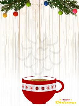 Christmas Decorated Red Coffee Cup Over Shaded Wood Background with Pine Tree Branches and Baubles