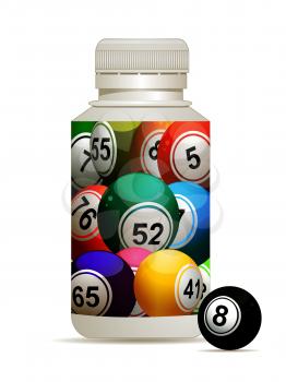 3D Illustration of Pills Plastic Bottle with Bingo Lottery Balls Label and One Black Bingo Ball on the Side