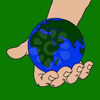 Hand Drawn Hand Holding Blue and Green Planet Earth Over Green Background