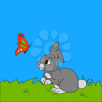 Hand Drawn Cute Rabbit and Butterfly cartoons style Over Grass and Sky Background