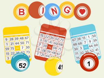 Trio of Bingo Cards and Balls Over Light Green Background