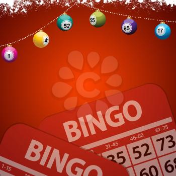 Festive Decorated Red Background Copy Space with Snow Christmas Bingo Lottery Baubles and Bingo Cards