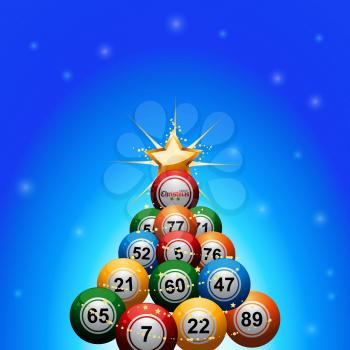 Christmas Tree made of Bingo Lottery Balls Decorated with Golden Star Over Blue Glowing Background