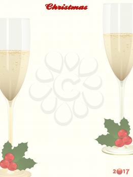 Christmas Portrait Copy Space Background with Decorative Text Champagne Glasses and Holly
