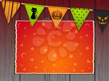 Halloween Copy Space Area with Stars and Moon Over Wooden Background with Bunting