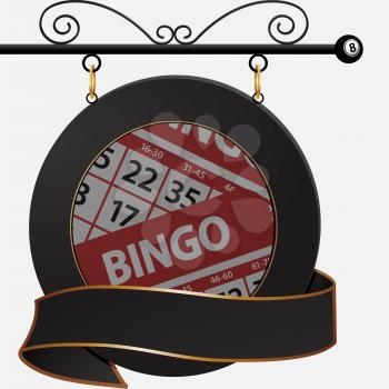 Circular Black Sign with Banner and Bingo Cards Hanging from Metal Bar 