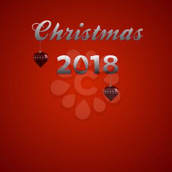 Festive Decorative Christmas 2018 Metallic Text with Fluorescent Red Edges and Christmas Heart Shaped Baubles Over Red Background
