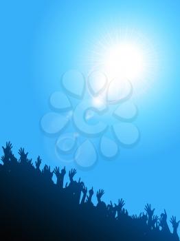 Silhouette Crowd cheering Under Blue Sunny Sky with Lens Flares