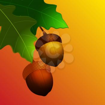 3D Illustration of Autumn Acorn with Leafs Over Yellow and Red Background