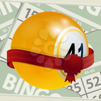 3D Illustration of Yellow Bingo Lottery Ball with Red Ribbon and Blank Crest Over Light Green Bingo Cards Background