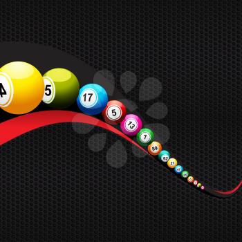 3D Illustration of Bingo Lottery Balls Over Black and Red Wave On Black Metallic Honeycomb Background