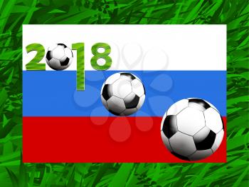 Football Soccer World Cup 2018 with Russian Flag Balls and Decorated Date Over Green Grass Background