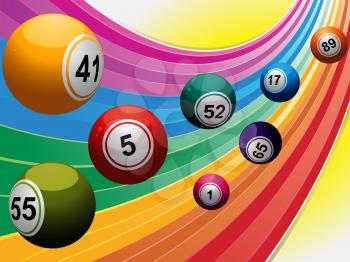 3D Illustration of Bingo Lottery Balls Over Curved Rainbow Background