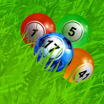 3D Illustration of Bingo Lottery Balls and Blue Football Soccer Ball with Number Over Green Grass Background