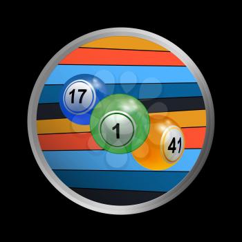 3D Illustration of a Trio Of Bingo Lottery Balls in Metallic Border with Coloured Stripes On Black Background