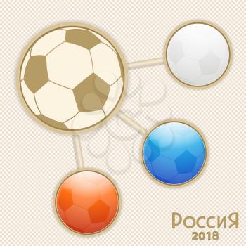Russian Soccer Football World Tournament Info Graphic with Soccer Balls Coloured in White Blue and Red and Decorative Text