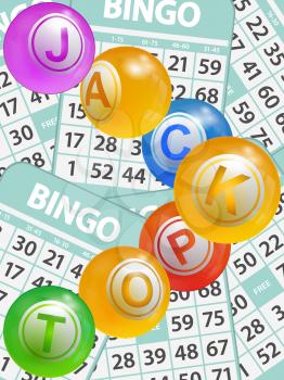 3D Illustration of Bingo Lottery Balls Composing The Word Jackpot Over Green Bingo Cards Portrait Background