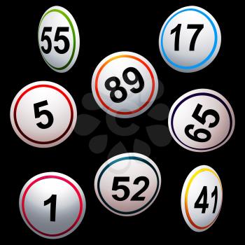 3D Illustration of Curved Bingo Lottery Numbers in Different Colours Over Black Background