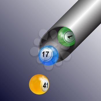 3D Illustration of Bingo Lottery Balls Coming Out From a Metallic Tube Background