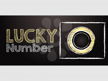 Hand Drawing Style Lucky Number Text and Bingo Lottery Ball with Blank Centre as Copy Space Over Black Panel