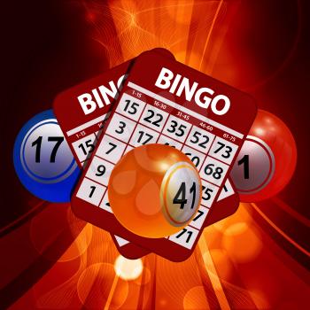 3D Illustration of Bingo Lottery Balls and Red Bingo Cards Over Glowing Backgrounds
