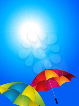 Sunny Blue Sky Background with Colourful Umbrellas and Lens Flares