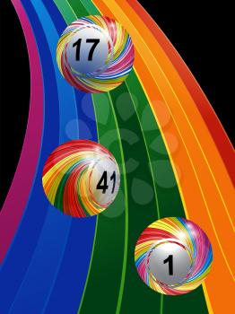 3D Illustration of Three Striped Bingo Lottery Balls Over Rainbow on Black Background