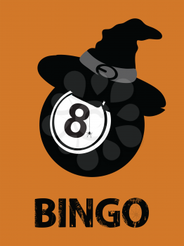 Halloween; Black Bingo Ball With Witch Hat Spider And Decorative Grunge Text With Web Over Orange Portrait Background