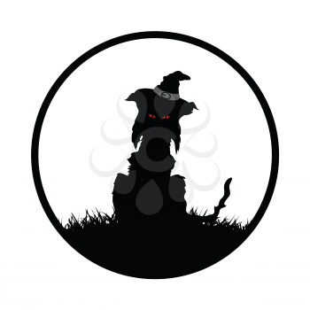 Halloween Spooky Feral Black Cat Silhouette With Witch Hat And Red Eyes On White Circular Border