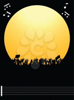 Music Festival or Party Yellow Border Copy Space with Cheering Crowd Silhouette Over Black Portrait Background with Music Notes on Pentagram