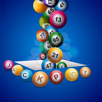 3D Illustration Of Bingo Lottery Balls Falling Into A Hole Surrounded By Jackpot Balls Over Blue Glowing Background
