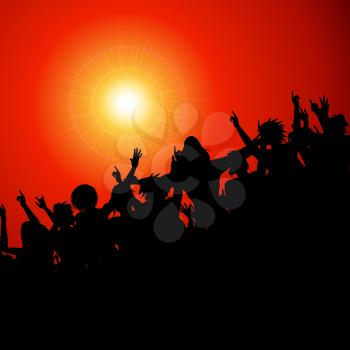 Black Silhouette Cheering Festival Or Event Crowd Over Red Background With Yellow Sun