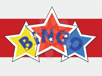 Bingo Decorative Text Over Trio Of Stars On Red Panel And White Background