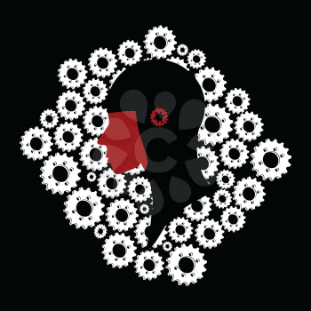 Black And Red Head Profile Silhouette With Red Cog Over Close Up White Cogs Silhouette On Black Background
