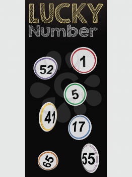 Black Vertical Panel With Hand Drawn Style Flying Bingo Lottery Buttons Number And Lucky Number Decorative Text Over White Background