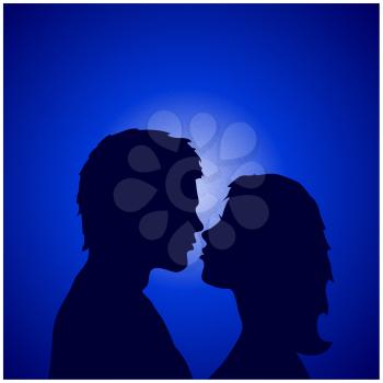 Male And Female Couple Silhouette Coddling Over Romantic Blue Gradient Background