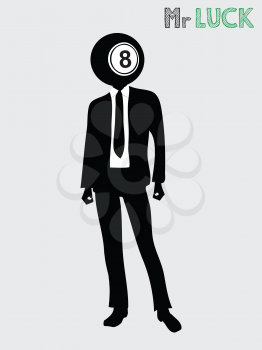 Black and White Silhouette of Suited Man With Bingo Lotto Ball Number Eight As Head And Decorative Text Mr Luck Over White Background