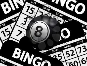 3D Illustration Of A Number 8 Black Bingo Ball With Light Reflections Over Black And White Bingo Cards Background With Grunge Effects
